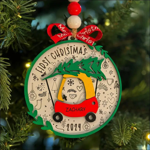 Colorful Christmas ornament personalized for Baby’s First Christmas, a custom wooden decoration